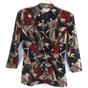 Sharon Anthony Brown Red Black White Patterned Jacket Blouse Size 8P